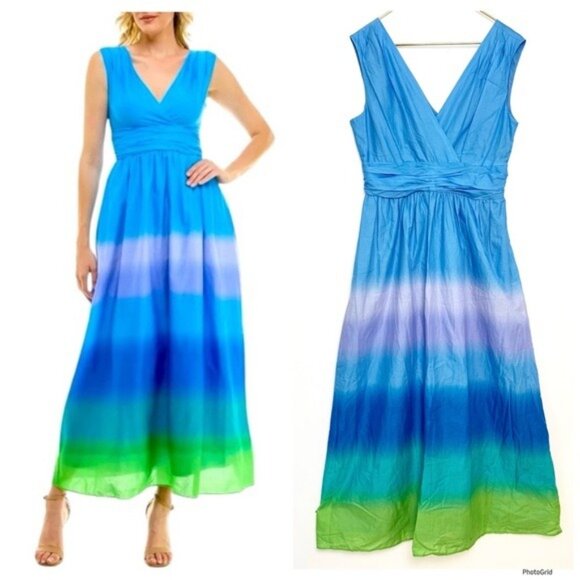 Taylor blue ombre tiedye effect plunge front maxi dress Large - Picture 1 of 12